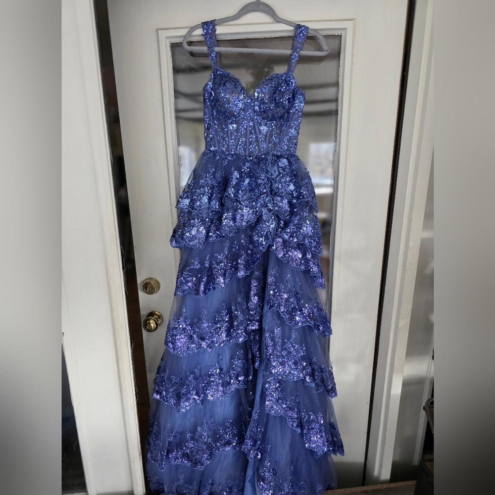 EUC Sherri Hill 55500 Prom Formal Gown Dress 4 Purple Sequin Lace Tiered Corset - Picture 3 of 11